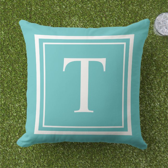 Bold Turquoise White Square Frame Monogram Cushion (Grass)