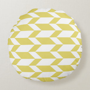 Bold Two Tone Arrow Chevron Stripe Yellow White Round Cushion