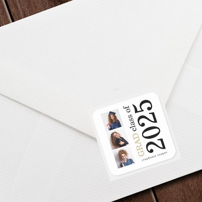 Bold Typography 3 photos White 2025 Graduation Square Sticker (Creator Uploaded)