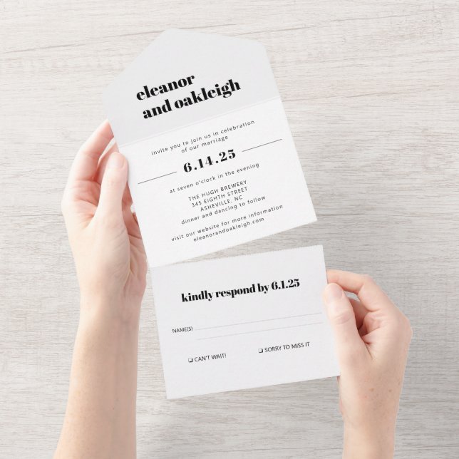Bold Typography Basic Black White Modern Wedding All In One Invitation (Tearaway)
