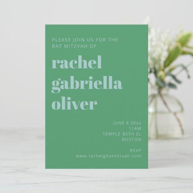 Bold Typography Blue and Green Modern Bat Mitzvah Invitation (Standing Front)