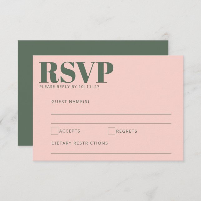 Bold Typography Blush Pink Green Modern Wedding RSVP Card (Front/Back)