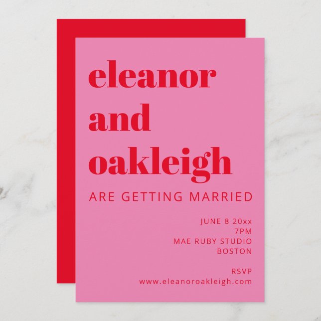 Bold Typography Bright Pink and Red Modern Wedding Invitation (Front/Back)