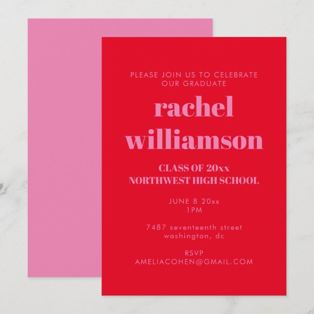 Bold Typography Bright Pink Red Graduation Party Invitation (Front/Back)