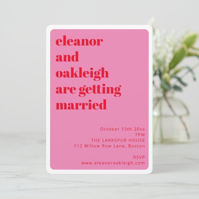 Bold Typography Bright Pink Red Stylish Wedding Invitation (Standing Front)