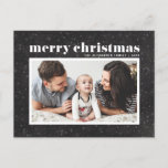 Bold Typography Chalkboard Merry Christmas Photo Holiday Postcard<br><div class="desc">Merry Christmas! Celebrate the holidays with this classic photo holiday postcard. It features retro bold typography with snow and snowflakes pattern on a faux chalkboard background. Personalise by adding names,  greeting and photo. This modern Christmas postcard is available in other colours and cardstock.</div>