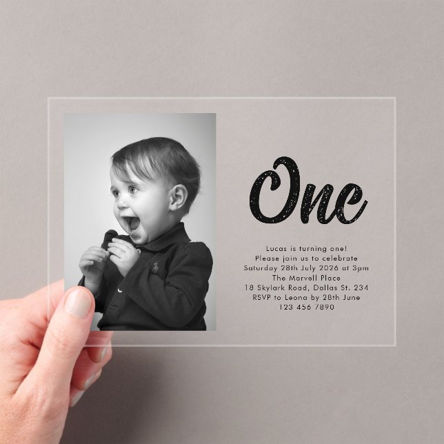 Bold Typography First Birthday Photo Acrylic Invitations (Insitu (Handheld))