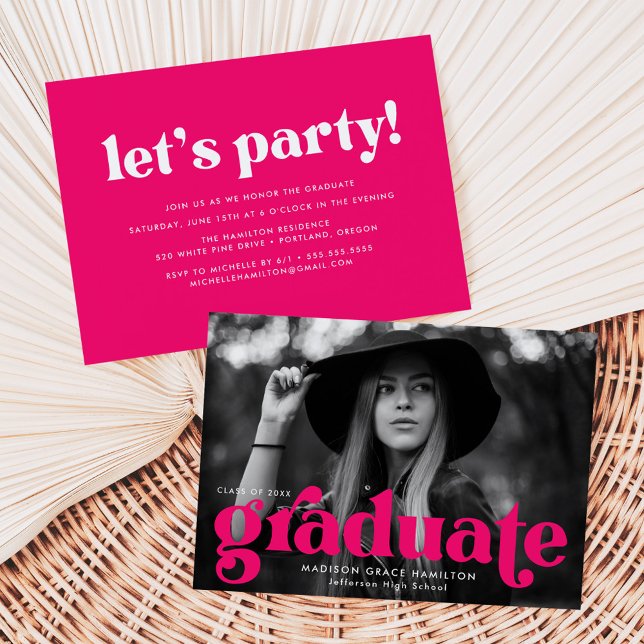 Bold Typography Fuchsia Photo Graduation Party Invitation (Creator Uploaded)