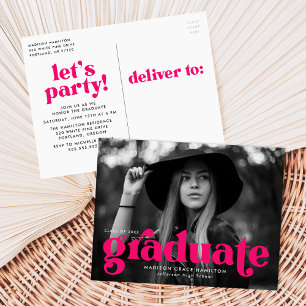 Bold Typography Fuchsia Photo Graduation Party Invitation Postcard
