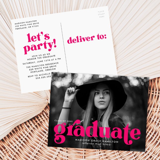 Bold Typography Fuchsia Photo Graduation Party Invitation Postcard (Creator Uploaded)