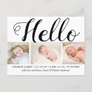 Bold Typography "Hello" 3 Photo Birth Announcement
