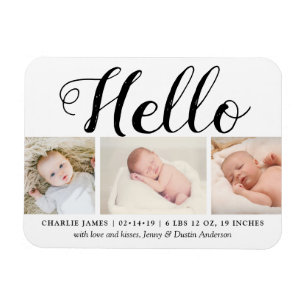 Bold Typography "Hello" 3 Photo Birth Announcement Magnet