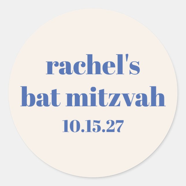 Bold Typography Ivory Blue Custom Cute Bat Mitzvah Classic Round Sticker (Front)