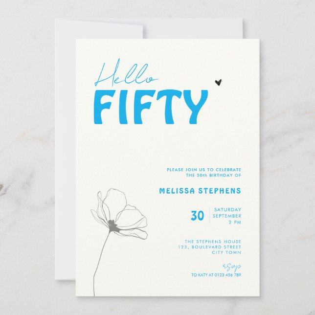 Bold Typography Ivory Blue Elegant 50th Birthday Invitation (Front)