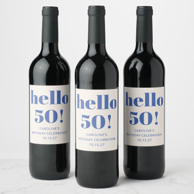 Bold Typography Ivory Blue Modern 50th Birthday  Wine Label (Bottles)
