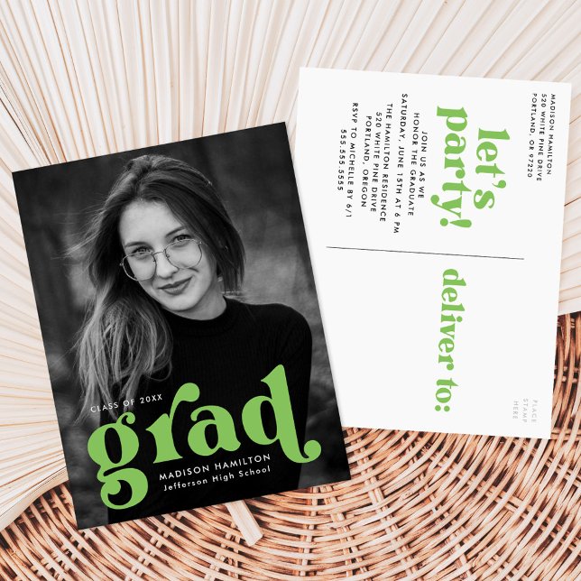 Bold Typography Lime Green Photo Graduation Party Invitation Postcard (Creator Uploaded)