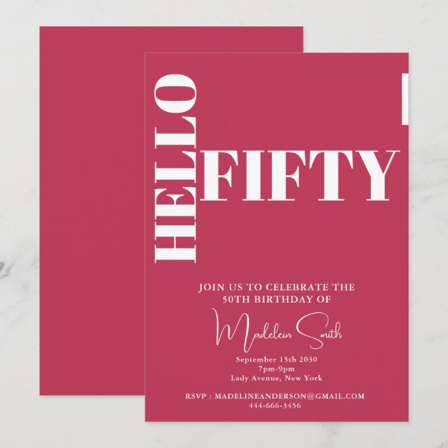 Bold Typography Magenta Modern 50th Birthday Invitation (Front/Back)