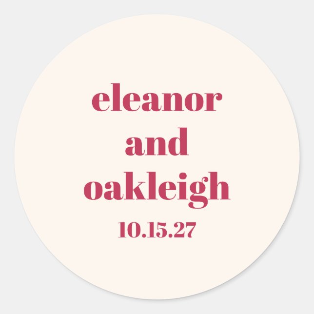 Bold Typography Magenta Red Ivory Custom Wedding Classic Round Sticker (Front)
