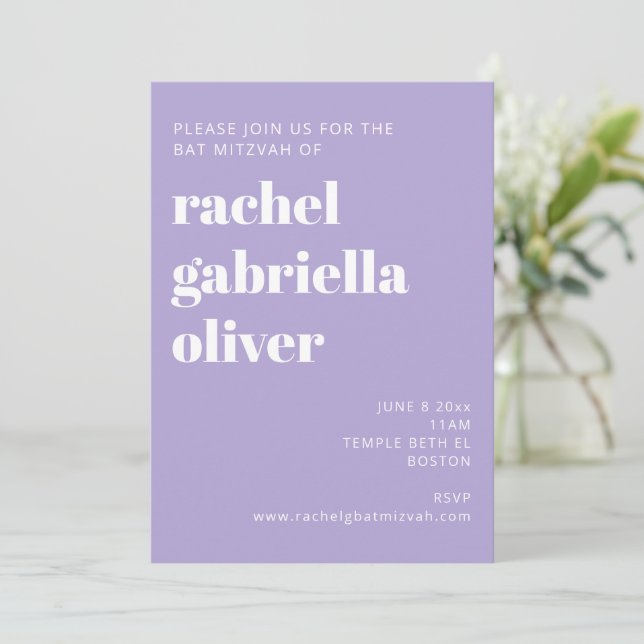 Bold Typography Modern Lavender Bat Mitzvah  Invitation (Standing Front)