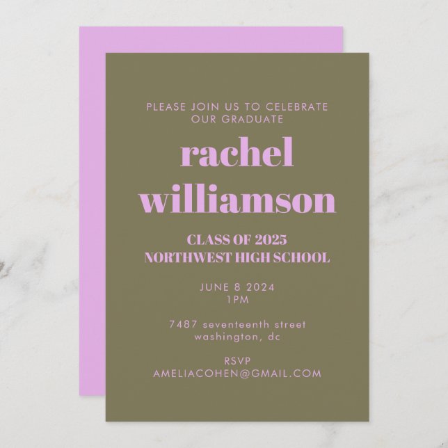 Bold Typography Olive and Lilac Graduation Party Invitation (Front/Back)