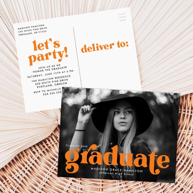 Bold Typography Orange Photo Graduation Party Invitation Postcard (Creator Uploaded)