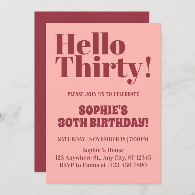 Bold Typography Pink and Burgundy 30th Birthday  Invitation (Front/Back)