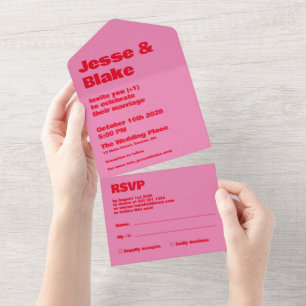 Bold Typography, Pink and Red Wedding All In One Invitation