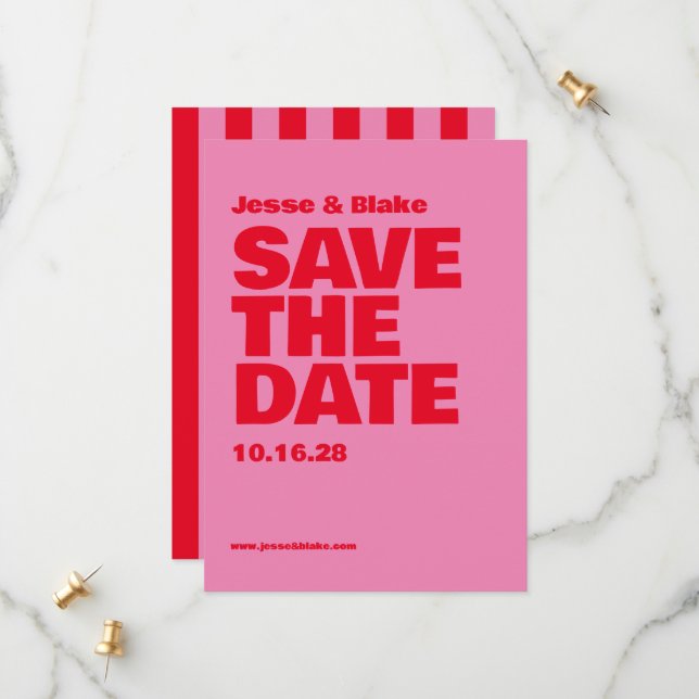 Bold Typography, Pink and Red Wedding Save The Date (Front/Back In Situ)