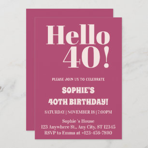 Bold Typography Pink Modern 40th Birthday Party Invitation