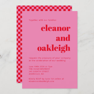 Bold Typography Pink Red Chequerboard Wedding Invitation