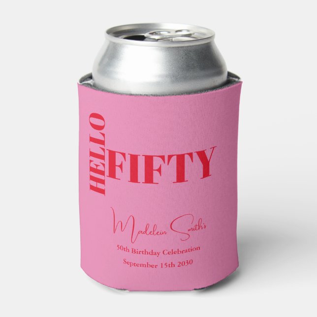 Bold Typography Pink Red Modern 50th Birthday Can Cooler (Can Front)