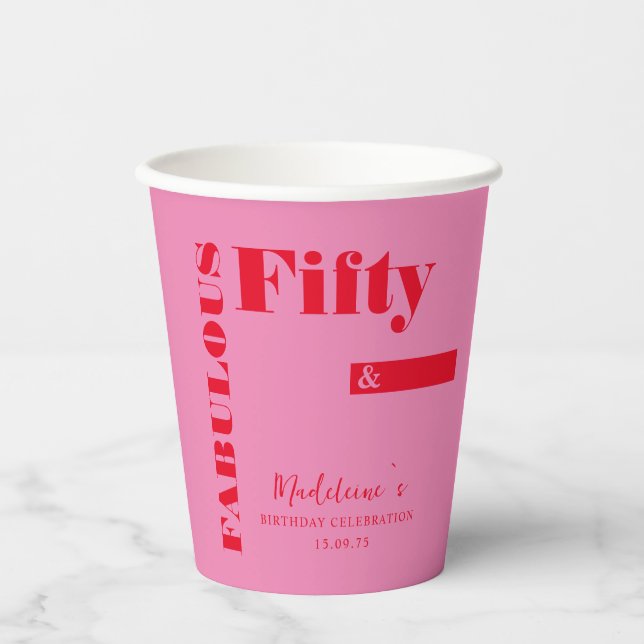 Bold Typography Pink Red Modern 50th Birthday Paper Cups (Front)