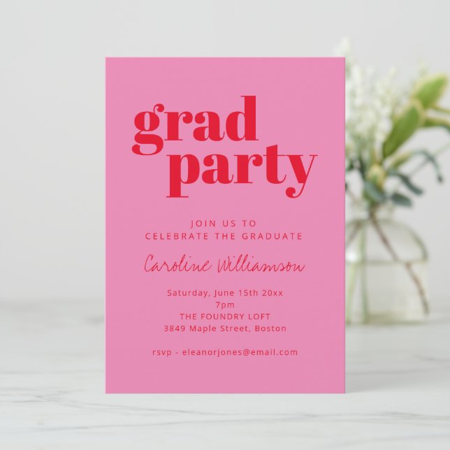 Bold Typography Pink Red Modern Graduation Party Invitation (Standing Front)