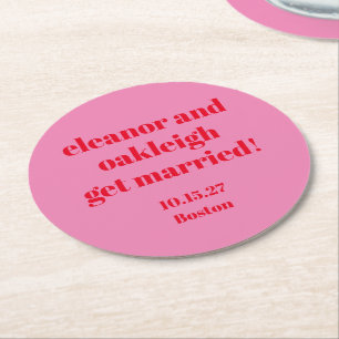 Bold Typography Pink Red Modern Wedding Custom Round Paper Coaster