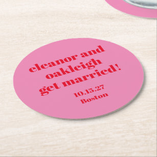 Bold Typography Pink Red Modern Wedding Custom Round Paper Coaster