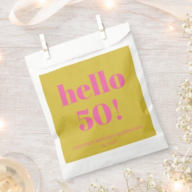Bold Typography Pink Yellow Modern 50th Birthday Favour Bag (Clipped)