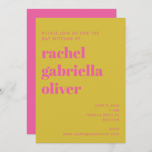 Bold Typography Pink Yellow Modern Bat Mitzvah Invitation