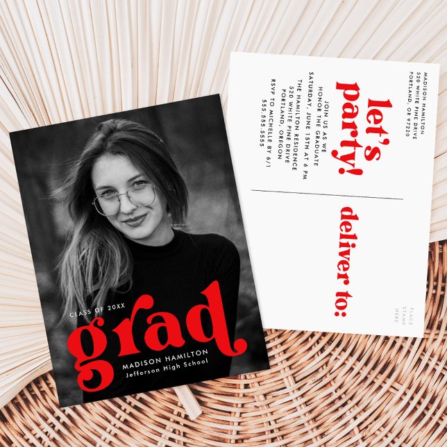 Bold Typography Red Photo Graduation Party Invitation Postcard (Creator Uploaded)