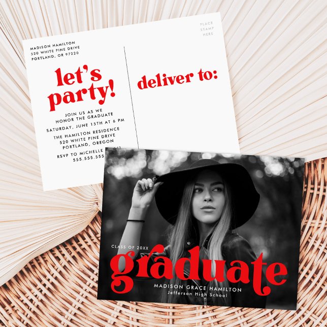 Bold Typography Red Photo Graduation Party Invitation Postcard (Creator Uploaded)