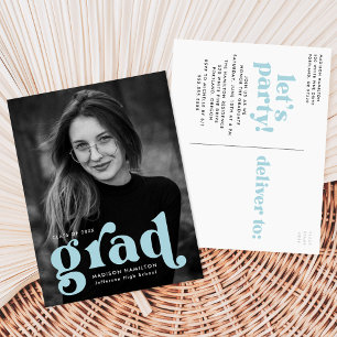 Bold Typography Sky Blue Photo Graduation Party Invitation Postcard