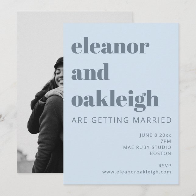 Bold Typography Soft Blue Photo Wedding Invitation (Front/Back)