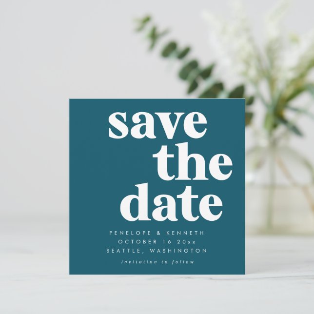 Bold Typography Vibrant Teal Modern Chic Wedding Save The Date (Standing Front)