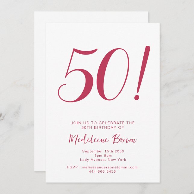 Bold Typography Viva Magenta Trendy 50th Birthday Invitation (Front/Back)