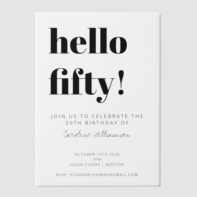 Bold Typography White Modern 50th Birthday Party Vellum Invitations (Front)