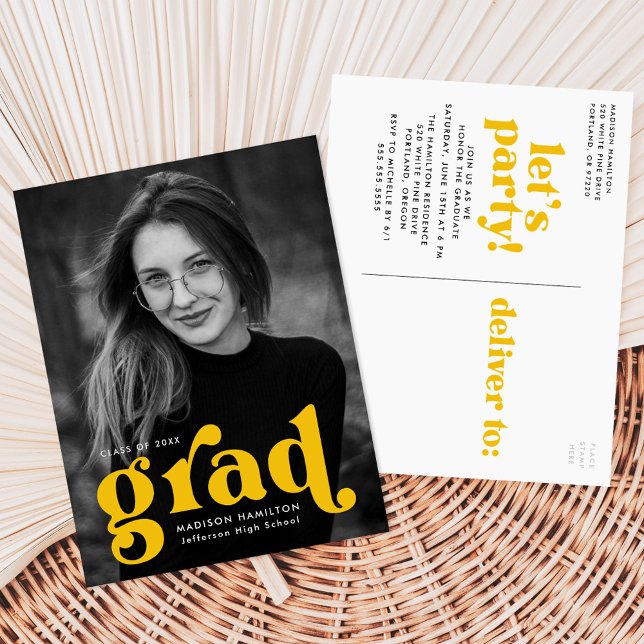 Bold Typography Yellow Photo Graduation Party Invitation Postcard (Creator Uploaded)