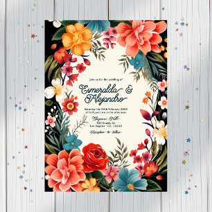 Bold Vibrant Floral Fiesta Wedding Photo & QR Code Invitation