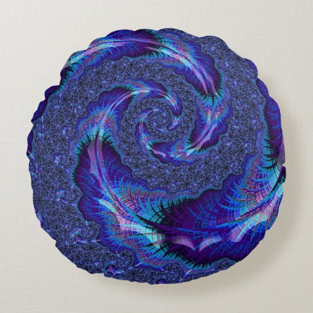 Bold Vibrant Psychedelic Spiralling Fractal Art Round Cushion (Front)