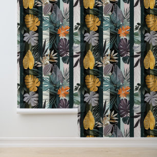 Bold vibrant vertical stripes with plant leaves wallpaper