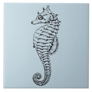 bold vinatge seahorse in light blue ceramic tile