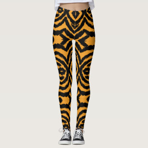 Bold Vintage Cat Tiger Stripe Pattern Black Orange Leggings